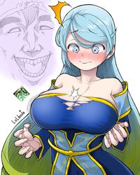  1boy artist_name blue_eyes blue_hair blush breast_expansion breasts bursting_breasts cleavage commentary_request dress female gradient_hair hair_between_eyes hair_down huge_breasts inconvenient_breasts korean_commentary league_of_legends lolboja long_hair multicolored_hair nose_blush signature solo_focus sona_(league_of_legends) strapless strapless_dress tearing_clothes tears teeth tongue torn_clothes very_long_hair white_background wide-eyed 