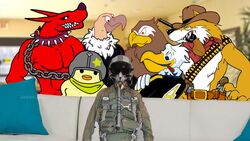  accipitrid accipitriform ace_combat ace_combat_7 ace_combat_x ace_combat_xi ace_combat_zero animal_humanoid anthro avian avian_humanoid bandana bandolier belkanloyalist_(artist) bird bird_humanoid blue8492_(artist) canid canid_demon canine canis chains chicken cigar cigar_in_mouth clothing collar cowboy_hat demon falco_1_(ace_combat_xi) flight_suit furniture galliform gallus_(genus) galm_(ace_combat_zero) group gryphus_1_(ace_combat_x) gun gun_belt gun_holster gun_in_mouth handgun hat headgear headwear hellhound hi_res human humanoid kerchief male mammal meme mythological_canine mythological_creature mythology nugget_(ace_combat) object_in_mouth pelecaniform pelecaniform_humanoid pelican_humanoid phasianid pillow pilot_helmet pilot_suit piper_perri_surrounded ranged_weapon revolver schnee_(ace_combat) sofa spiked_collar spikes trigger_(ace_combat_7) vulture weapon wolf 