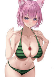  animal_ear_fluff animal_ears bare_arms bare_shoulders bikini blush braid breasts cherry collarbone commentary_request female food food_print fruit furrowed_brow green_bikini hakui_koyori halterneck hands_up haro_art highres hololive large_breasts leaning_forward looking_at_viewer mole mole_on_chest navel object_on_breast parted_lips pink_hair purple_eyes short_hair simple_background solo stomach suika_game swimsuit teeth virtual_youtuber watermelon_print white_background wolf_ears wolf_girl 