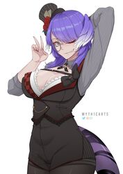  arm_up black_bow blue_eyes bow breasts cleavage cleavage_cutout clothing_cutout dragon_girl dragon_tail feathered_wings female flower hat head_wings highres large_breasts long_hair long_sleeves looking_at_viewer mini_hat mini_top_hat myth1carts nijisanji nijisanji_en oerba_yun_fang one_eye_closed pants purple_hair red_flower red_rose rose selen_tatsuki selen_tatsuki_(4th_costume) shirt simple_background skin_fang sleeves_rolled_up solo standing tail top_hat v virtual_youtuber white_background wings 