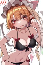  bikini blonde_hair breasts cleavage commentary crystal female flandre_scarlet halterneck hat highres kiui_(dagk8254) leaning_forward long_hair looking_at_viewer medium_breasts mob_cap navel oerba_yun_fang one_side_up open_mouth side-tie_bikini_bottom simple_background skin_fang solo spoken_blush string_bikini swimsuit touhou white_background white_hat wings 