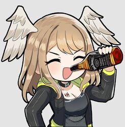  alcohol black_choker black_jacket blush breasts brown_hair chest_tattoo choker cleavage closed_eyes commentary desspie drink english_commentary eunie_(xenoblade) female grey_background head_wings highres holding holding_drink jack_daniel&#039;s jacket medium_breasts medium_hair open_clothes open_jacket open_mouth simple_background solo swept_bangs tattoo whiskey wings xenoblade_chronicles_(series) xenoblade_chronicles_3 