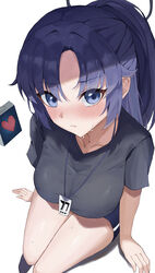  absurdres black_shirt black_shorts blue_archive blush breasts closed_mouth collarbone commentary female from_above gym_shorts halo higashiwun_izumi highres id_card lanyard large_breasts long_hair looking_at_viewer mechanical_halo official_alternate_costume purple_eyes purple_hair shirt short_sleeves shorts simple_background solo white_background yuuka_(blue_archive) yuuka_(track)_(blue_archive) 