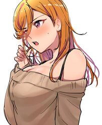  arm_up blush bra_strap breasts brown_sweater cleavage commentary_request embarrassed female fingernails hair_between_eyes highres love_live! love_live!_superstar!! medium_breasts medium_hair mei_hinamatsu off-shoulder_sweater off_shoulder open_mouth orange_hair purple_eyes shibuya_kanon solo sweatdrop sweater teeth tight_clothes upper_teeth_only white_background 