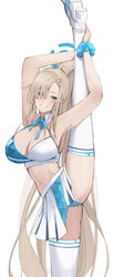  absurdres armpits arms_up asuna_(blue_archive) blue_archive blue_eyes blush breasts cheerleader cleavage commentary detached_collar female grin hair_over_one_eye halo halterneck highres kneepits large_breasts light_brown_hair long_hair millennium_cheerleader_outfit_(blue_archive) navel pleated_skirt ref_(pmxt4483) simple_background skirt smile solo split standing standing_on_one_leg standing_split stomach thighhighs white_background white_skirt white_thighhighs 