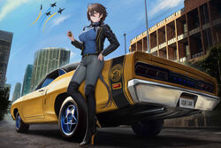  absurdres aircraft airplane alternate_costume azur_lane blue_angels_(team) boots breasts car city commentary commission copyright_name day dodge_(company) dodge_super_bee f-18_hornet female fighter_jet full_body georgia_(azur_lane) hair_between_eyes heterochromia high_heel_boots high_heels highres jacket jet kcar66t large_breasts license_plate location_request looking_at_viewer military_vehicle mixed-language_commentary motor_vehicle muscle_car product_placement thigh_boots vehicle_focus 