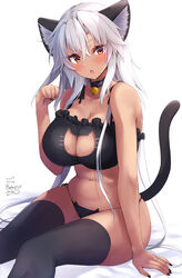  absurdres animal_ears artist_name bell black_bra black_nails black_panties black_thighhighs blush bra breasts cat_cutout cat_ears cat_lingerie cat_tail cleavage clothing_cutout dark-skinned_female dark_skin dated female fingernails grey_hair hair_between_eyes highres jewelry jingle_bell kantai_collection large_breasts long_hair mashiro_yukiya meme_attire musashi_(kancolle) musashi_kai_ni_(kancolle) nail_polish open_mouth panties red_eyes ring signature solo tail thighhighs underwear wedding_ring 