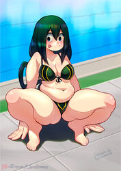  :&gt; arm_support artist_name asui_tsuyu bad_id bad_twitter_id belly bikini blue_eyes blush boku_no_hero_academia breasts closed_mouth cloudxmoe english_text female full_body green_bikini green_hair hair_between_eyes highres large_hands long_hair medium_breasts navel patreon_logo patreon_username pavement plump pool poolside shadow solo spanish_commentary spread_legs squatting swimsuit thick_arms thick_thighs thighs tongue tongue_out water 