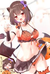  bikini black_choker black_nails black_skirt bow braid breasts bridal_garter brown_hair choker cleavage closed_eyes clothes_lift cone_hair_bun demon_tail demon_wings female ghost hair_bun hair_ornament hairbow halloween highres jack-o&#039;-lantern jack-o&#039;-lantern_hair_ornament kamimori_kuuraku lifting_own_clothes miniskirt navel open_mouth orange_bikini orange_bow orange_nails original pleated_skirt purple_bow red_eyes side-tie_bikini_bottom skirt skirt_lift solo swimsuit tail two-tone_nails wings 