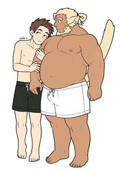  2boys :3 age_difference bara beard big_belly black_male_swimwear blonde_hair blush bulge couple dark-skinned_male dark_skin facial_hair flat_color full_body huckle_(live_a_hero) large_pectorals live_a_hero locked_arms male_focus male_protagonist_(live_a_hero) male_swimwear masa_(mshk_s) mature_male multiple_boys muscular muscular_male navel nipples pectorals penis_size_difference standing stomach swim_trunks tail tail_raised thick_eyebrows topless_male white_male_swimwear wide-eyed yaoi 