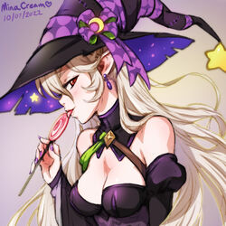  artist_name bare_shoulders breasts candy cleavage corrin_(female)_(fire_emblem) corrin_(female)_(halloween)_(fire_emblem) corrin_(fire_emblem) crescent crescent_hat_ornament dated english_commentary female fire_emblem fire_emblem_fates fire_emblem_heroes food halloween halloween_costume hat hat_ornament hat_ribbon holding holding_candy holding_food holding_lollipop licking lollipop looking_at_viewer medium_breasts mina_cream official_alternate_costume pointy_ears purple_nails purple_ribbon red_eyes ribbon solo star_(symbol) star_hat_ornament tongue tongue_out upper_body white_hair witch witch_hat 