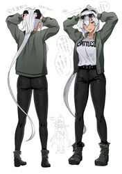  2girls alternate_costume alternate_hairstyle arms_up belt black_belt black_footwear black_pants boots breasts commentary_request dark-skinned_female dark_skin eyewear_on_head full_body green_jacket grey_hair highres jacket kantai_collection kiyoshimo_(kancolle) large_breasts long_hair long_sleeves looking_at_viewer multiple_girls multiple_views musashi_(kancolle) open_clothes open_jacket open_mouth pants ponytail red_eyes shirt simple_background smile sunglasses translation_request very_long_hair white_background white_shirt yunamaro 