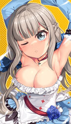  armpits arms_up blue_dress blue_eyes blue_flower blue_rose blush braid breasts choker cleavage closed_mouth cosplay detached_sleeves dress female flower french_braid frilled_dress frilled_skirt frills grey_hair hair_ribbon highres jewelry kantai_collection long_hair looking_at_viewer maryland_(kancolle) one_eye_closed pendant_choker polka_dot polka_dot_background red_choker ribbon rose skirt solo umamusume yamanin_zephyr_(umamusume) yamanin_zephyr_(umamusume)_(cosplay) yasume_yukito 