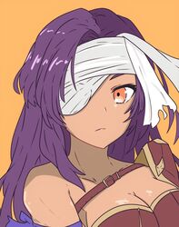  bandage_over_one_eye bare_shoulders breasts cleavage closed_mouth female fire_emblem fire_emblem:_akaneia_saga fire_emblem:_new_mystery_of_the_emblem highres large_breasts long_hair looking_at_viewer malice_(fire_emblem) orange_background purple_hair solo tavi_(hosheezus) upper_body 