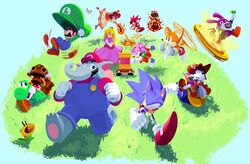  4girls 6+boys @_@ amy_rose blue_toad_(mario) cowboy_hat crossover dr._eggman elephant_mario facial_hair fang_the_sniper fire fire_daisy floating goomba grass hammer hat highres knuckles_the_echidna luigi mario mario_(series) moustache multiple_boys multiple_girls nabbit overalls pocho22059768 portal_(object) princess_daisy princess_peach ring_(sonic) robot running sonic_(series) sonic_superstars sonic_the_hedgehog sonic_the_hedgehog_(classic) super_mario_bros._wonder tails_(sonic) talking_flower_(mario) toad_(mario) trip_the_sungazer yoshi 