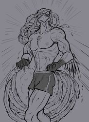  anthro avian balding beak biceps big_beak bird bottomwear clothed clothing corvid corvus_(genus) crow feathers hi_res looking_at_viewer male mature_male navel nipples oscine passerine pecs r4t1cky shorts smile solo topless vein veiny_muscles zadkiel 