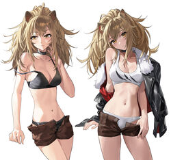  animal_ears arknights black_bra black_shirt blonde_hair bra breasts cleavage closed_mouth crop_top female head_tilt highres jacket large_breasts lion_ears lion_girl lion_tail long_hair looking_at_viewer navel off_shoulder open_fly panties shirt shorts siege_(arknights) simple_background standing tail ttk_(kirinottk) underwear white_background white_panties white_shirt yellow_eyes 