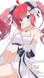  ahoge azur_lane bare_shoulders black_ribbon blue_eyes closed_mouth dress dress_flower female flower gem gloves hair_flower hair_ornament hair_ribbon hashtag-only_commentary jewelry knee_up long_hair looking_at_viewer mikuchi3939 necklace official_alternate_costume red_gemstone red_hair ribbon rose san_diego_(azur_lane) san_diego_(no._1_june_bride!)_(azur_lane) sitting smile solo thighhighs twintails wedding_dress white_dress white_flower white_gloves white_ribbon white_rose white_thighhighs 