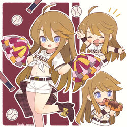  ahoge alternate_costume baseball baseball_bat belt black_wristband blonde_hair blue_eyes blush bow brown_footwear brown_hair cheerleader chili_dog closed_eyes female footwear_bow hair_between_eyes happy highres idolmaster idolmaster_million_live! imminent_bite long_hair multiple_views navel nippon_professional_baseball noto_(user_dajk3722) open_mouth shirt short_shorts shorts tied_shirt tokoro_megumi touhoku_rakuten_golden_eagles twitter_username white_shirt white_shorts yellow_bow 