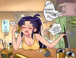  artist_name beer_can blush breasts can cellphone closed_eyes commentary cup_ramen drink_can drunk earrings english_text evangelion:_2.0_you_can_(not)_advance female food highres holding holding_phone jewelry katsuragi_misato kitchen motorola_dynatac neon_genesis_evangelion noodles open_mouth patreon_username phone plant purple_hair ramen rebuild_of_evangelion romaji_commentary snegovski solo squeans tank_top yellow_tank_top 