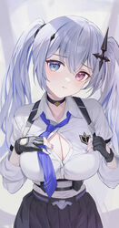  absurdres black_choker black_gloves black_skirt blue_eyes blue_necktie breasts chest_harness choker cleavage collared_shirt crossed_bangs female fingerless_gloves gloves grey_hair harness heterochromia highres huge_breasts long_hair long_sleeves nakashima_(pluscolor) necktie neo-porte pink_eyes pleated_skirt pout shirt skirt solo tentei_forte twintails underbust virtual_youtuber white_shirt white_skirt 