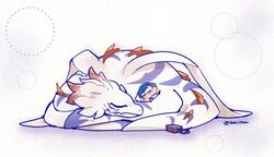  bandai_namco blue_hair cuddling digimon digimon_(species) duo eyewear feral fur glasses hair human joe_kido lanllan male mammal plesiomon size_difference sleeping white_body white_fur 