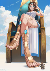  blue_eyes blue_gemstone bracelet breasts brown_hair cloud commission crossed_legs dress feet female forehead_jewel gem giant giantess gladiator_sandals hand_on_own_head high_heels highres jewelry kneeling knight legs lian_(paladins) long_hair nail_polish paladins pink_nails ruby_suguri sandals short_dress signature sitting sitting_on_throne size_difference sky throne toenail_polish toenails toes white_dress 