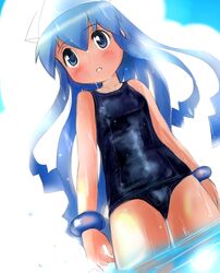  blue_eyes blue_hair blush bracelet commentary_request dutch_angle female hat ikamusume jewelry long_hair one-piece_swimsuit parted_lips school_swimsuit shinryaku!_ikamusume swimsuit t2 tentacle_hair wading water wet wet_clothes 