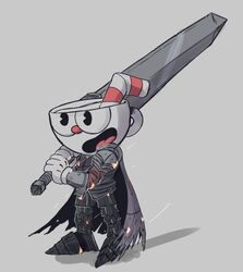  1boy :d armor bad_id bad_twitter_id breastplate cape cuphead cuphead_(game) dark_souls_(series) dark_souls_i dragonslayer_(sword) faulds gloves greaves grey_background holding holding_sword holding_weapon male_focus nova1duke open_mouth over_shoulder pac-man_eyes parody pauldrons plate_armor shoulder_armor simple_background smile solo sparks sword torn_cape torn_clothes vambraces weapon weapon_over_shoulder white_gloves 