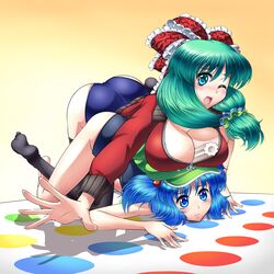  2girls absurdres between_breasts black_thighhighs blue_eyes blue_hair blush breast_rest breasts breasts_on_head cleavage commentary_request food front_ponytail gradient_background green_eyes green_hair hair_ribbon hat highres jacket kagiyama_hina kawashiro_nitori large_breasts long_hair long_sleeves multiple_girls one_eye_closed open_mouth playing_games raionsan ribbon school_swimsuit scrunchie short_hair swimsuit swimsuit_under_clothes thighhighs touhou touhou_m-1_grand_prix twister two_side_up zipper 