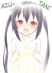  black_hair blush collarbone hard_translated k-on! kishiri_toworu long_hair nakano_azusa open_mouth red_eyes tears towel translated twintails 