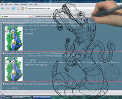 ambiguous_gender anthro blue_body blue_eyes blue_fur breaking_the_fourth_wall browser canid canine chimera_synx creating_art desktop digital_drawing_(artwork) digital_media_(artwork) dinosaur disembodied_hand duo e621_post_recursion electronics english_text extinct female firefox flatworm fox fur humor hybrid iggy_pop inverted_pentacle krystal_(star_fox) line_art mammal meta micro microphone mixed_media mozilla nintendo occult_symbol pentacle pentagram photography_(artwork) photoshop prehistoric_species reptile scalie screencap size_difference solo_focus star_fox stylus symbol tapeworm tentacle text theropod third-party_edit tiny_arms tongue tyrannosaurid tyrannosauroid tyrannosaurus tyrannosaurus_rex white_body white_fur