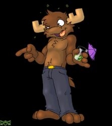 anthro beverage bottomwear brown_body brown_fur chest_tuft clothed clothing container cup deer drinking_glass drunk fur glass glass_container glass_cup green_liquid lime_(fruit) low_res male mammal moose nanimoose nanimoose_(character) new_world_deer pants solo source_request substance_intoxication topless tuft umbrella_drink