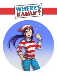  blue_hair commentary cosplay denim eighth_note english_text female hand_in_pocket hat highres jeans long_hair love_live! love_live!_sunshine!! matsuura_kanan musical_note one_eye_closed pants purple_eyes ryz4 shirt solo striped_clothes striped_shirt wally_(where&#039;s_wally) wally_(where&#039;s_wally)_(cosplay) watch where&#039;s_wally 