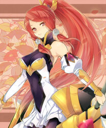  armor armored_dress bare_shoulders blazblue blazblue:_chronophantasma breasts commentary_request detached_sleeves female hair_tubes izayoi_(blazblue) lips long_hair medium_breasts ocha_(hutuumikan) photoshop_(medium) ponytail red_eyes red_hair shield solo tsubaki_yayoi very_long_hair 