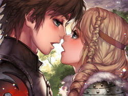  1boy armor astrid_hofferson blonde_hair blue_eyes braid brown_hair commentary_request couple eye_contact face-to-face female from_side hiccup_horrendous_haddock_iii how_to_train_your_dragon imminent_kiss kawacy long_hair looking_at_another open_mouth portrait short_hair single_braid straight 