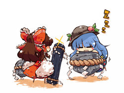  2girls blue_hair bow brown_hair chibi closed_eyes commentary_request food fruit hairbow hakurei_reimu hat hinanawi_tenshi multiple_girls okome_(kome_kuma) onbashira peach revision rock rope shimenawa sleeping touhou 