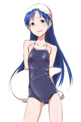  anger_vein arms_behind_back ass_visible_through_thighs bad_id bad_pixiv_id bare_shoulders blue_hair brown_eyes clearite collarbone cowboy_shot female flat_chest holding_kickboard idolmaster idolmaster_(classic) kickboard kisaragi_chihaya light_smile long_hair looking_at_viewer one-piece_swimsuit open_mouth simple_background smile solo standing swim_cap swimsuit very_long_hair white_background 