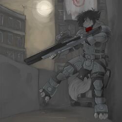 aiming anthro armor biped building canid canine canis claws clothed clothing detailed_background epic_games eyewear full_moon fully_clothed gears_of_war glasses gun hair holding_object holding_weapon inside male mammal microsoft moon night outside pav ranged_weapon sniper solo standing tail weapon wolf xbox_game_studios