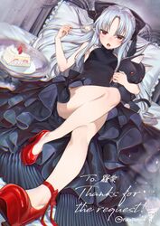  black_bow black_dress bow cake cake_slice commentary_request commission dress female food frilled_dress frills full_body grey_hair hairbow high_heels highres holding holding_spoon kagetsu_tooya len_(tsukihime) long_hair looking_at_viewer lying newponold on_back on_bed open_mouth parted_bangs pillow pointy_ears red_eyes red_footwear skeb_commission sleeveless sleeveless_dress solo spoon stuffed_animal stuffed_cat stuffed_toy tsukihime 