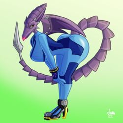  1:1 anthro ass big_breasts big_butt breasts clothing dragon female hi_res jamearts lipstick makeup metroid mythological_creature mythological_scalie mythology nintendo non-mammal_breasts purple_body purple_skin ridley rule_63 scalie solo space_dragon space_dragon_(metroid) tail tight_clothing zero_suit 