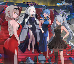  4girls ahoge ako_(blue_archive) back backless_dress backless_outfit bare_shoulders bell black_dress blue_archive blue_hair breasts chinatsu_(blue_archive) cleavage closed_eyes coat coat_on_shoulders cowbell demon_horns demon_wings dress flat_chest formal glasses hair_ornament hair_over_one_eye halo halterneck hand_on_own_hip high_heels hina_(blue_archive) hood_(james_x) horns iori_(blue_archive) jewelry large_breasts long_coat long_hair medium_breasts microphone multiple_girls multiple_horns neck_bell official_alternate_costume official_art parted_bangs pointy_ears prefect_team_(blue_archive) purple_coat purple_eyes red_dress red_eyes side_ponytail sideboob smile stairs tail thigh_strap very_long_hair white_hair wings yellow_eyes 