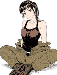  absurdres ace_combat ace_combat_7 bare_shoulders black_hair boots breasts brown_eyes cleavage collarbone female full_body head_tilt highres huxian indian_style knees_apart_feet_together long_hair looking_at_viewer md5_mismatch medium_breasts off_shoulder pilot ponytail sitting smile takato15_c tank_top unzipped zipper 