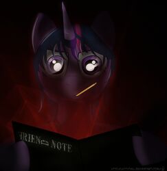 book bust_portrait dark death_note digital_media_(artwork) equid equine female feral friendship_is_magic front_view fur glowing hair hasbro hi_res horn light_yagami lkittytaill mammal mouth_hold multicolored_hair my_little_pony mythological_creature mythological_equine mythology parody pencil_(object) portrait purple_body purple_fur purple_hair quadruped reading solo text twilight_sparkle_(mlp) two_tone_hair unicorn url