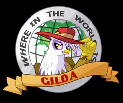 avian beak broderbund brown_body brown_feathers carmen_sandiego carmen_sandiego_(franchise) clothing feathered_wings feathers female friendship_is_magic gilda_(mlp) gryphon hasbro hat headgear headwear looking_at_viewer map my_little_pony mythological_avian mythological_creature mythology name_badge parody purple_body purple_feathers solo unknown_artist white_body white_feathers wings yellow_eyes