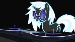 16:9 black_light blacklight cutie_mark dj_booth equid equine female feral friendship_is_magic hasbro hi_res horn mammal my_little_pony mythological_creature mythological_equine mythology solo tail timon1771 tron unicorn vinyl_scratch_(mlp) widescreen