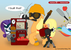 apple applejack_(mlp) baseball_bat bat_(object) blue_body blue_fur crossover cutie_mark dispenser dispenser_(team_fortress_2) earth_pony engineer_(profession) engineer_(team_fortress_2) equid equine female feral food friendship_is_magic fruit fur gonzahermeg group hair hasbro horn horse machine mammal multicolored_hair my_little_pony mythological_creature mythological_equine mythology pain plant pony rainbow_dash_(mlp) rainbow_hair rarity_(mlp) robot scout_(team_fortress_2) sentry_gun_(team_fortress_2) spy_(team_fortress_2) tail team_fortress_2 turret unicorn valve