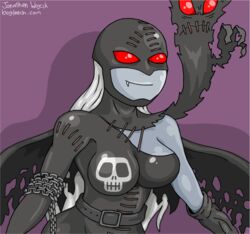 bandai_namco bogleech bone breasts chains clothing demon digimon digimon_(species) fangs female gloves grin handwear humanoid ladydevimon mask membrane_(anatomy) membranous_wings not_furry purple_background red_eyes simple_background skull smile solo teeth text url wings