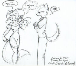 amarim amy_the_squirrel angry anthro breasts canid canine canis cleavage clothed clothing dialogue dress duo english_text eric_schwartz female feral fox larger_female larger_male macro male mammal micro rodent sciurid size_difference smaller_male standing tail text thomas_woolfe tree_squirrel wolf