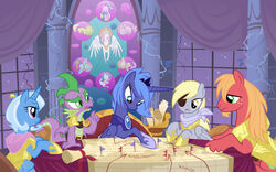 16:10 absurd_res alicorn applejack_(mlp) armor bandana beard belt big_macintosh_(mlp) blonde_hair blue_body blue_eyes blue_feathers blue_hair castle chair cloak clothing collar column crown curtains cutie_mark derpy_hooves detailed_background dragon earth_pony equid equine eye_patch eyewear facial_hair feathered_wings feathers female feral flags fluttershy_(mlp) friendship_is_magic furniture gem goatanimedatingsim gold_(metal) gold_armor green_body green_eyes green_scales grey_body grey_feathers group hair hasbro headgear hi_res horn horse horseshoe inside kerchief long_hair male mammal map membrane_(anatomy) membranous_wings miniature moon my_little_pony mythological_creature mythological_equine mythological_scalie mythology night open_mouth pauldron pegasus pennant pinkie_pie_(mlp) planning plant platemail pony princess_celestia_(mlp) princess_luna_(mlp) pupils purple_body purple_eyes rainbow_dash_(mlp) rarity_(mlp) red_body rock scales scalie scarf scroll slit_pupils spike_(mlp) spines stained_glass star table tablecloth tail throne tiara trixie_(mlp) twilight_sparkle_(mlp) unicorn vines war_room white_body white_feathers widescreen window wings yellow_body yellow_eyes yellow_feathers